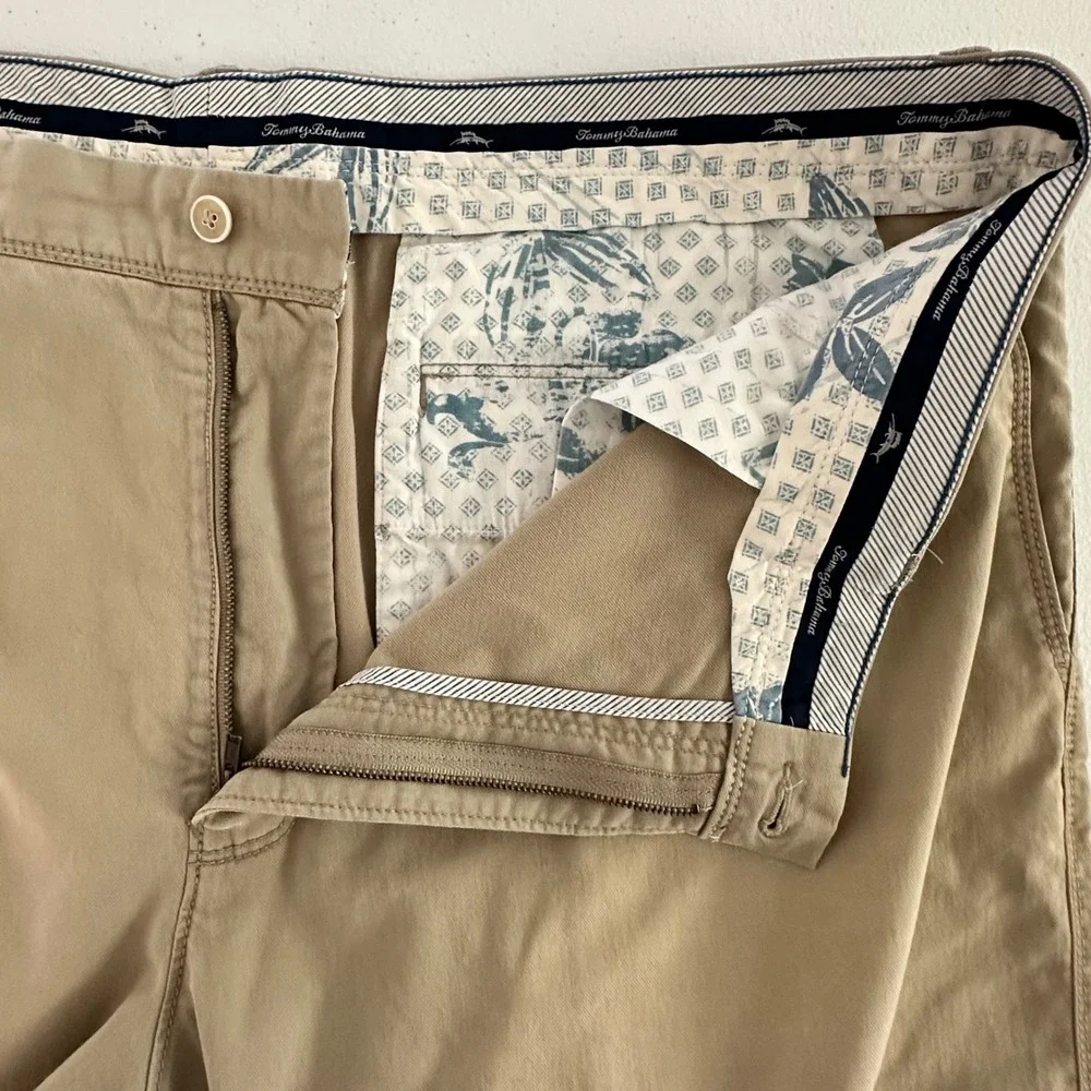 Tommy Bahama Men 42 Khaki Tan Cotton Tencel Stretch Flat Front Chino Shorts 9